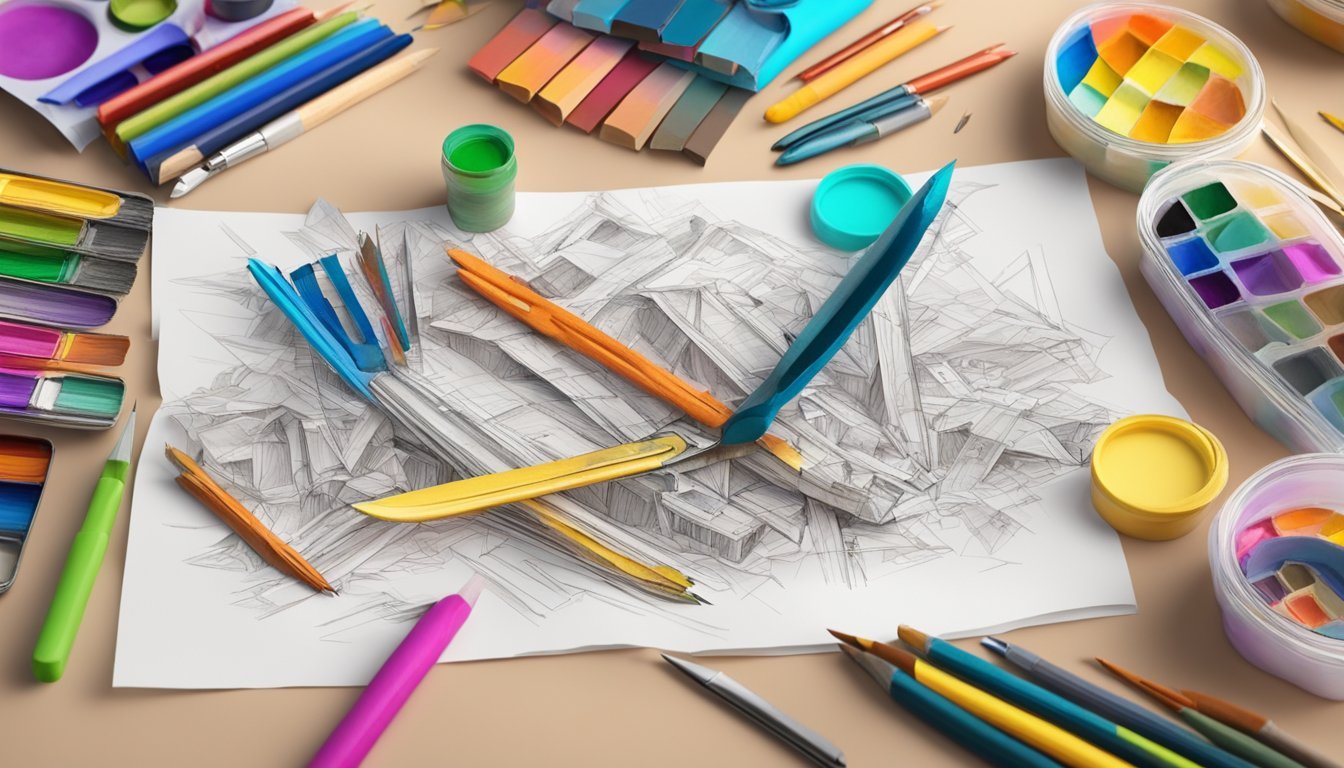 A pile of old sketches being transformed into colorful new art projects using scissors, glue, and paint
