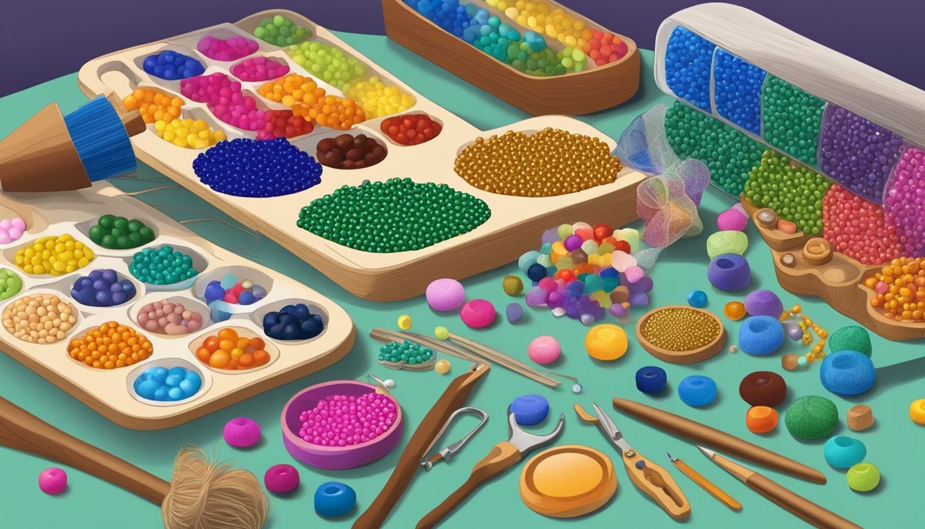 Colorful beads arranged on a table, with various craft supplies scattered around.</p><p>A beading board and tools are visible, showcasing different techniques