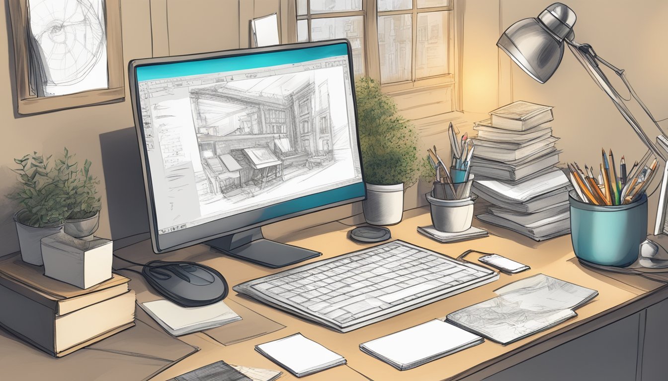 A cluttered desk with old sketches, a pencil, eraser, and a computer showing digital art software.</p><p>A window lets in natural light