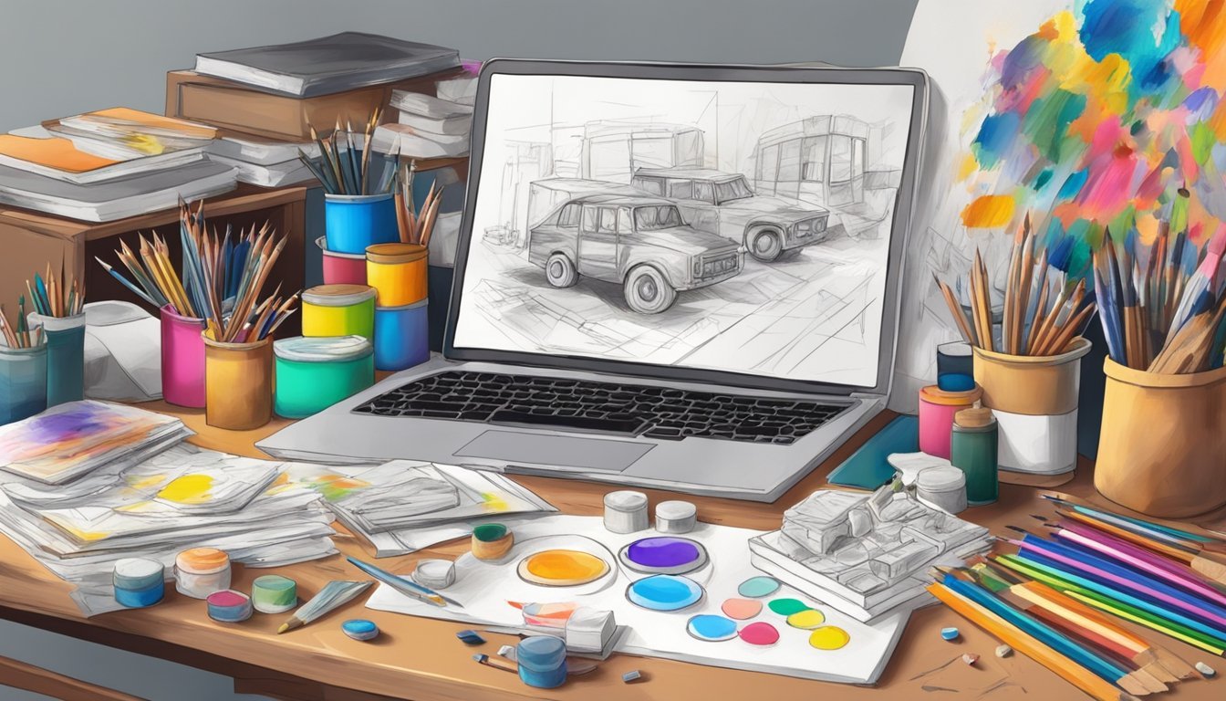 A pile of old sketches being transformed into new art projects, with pencils, erasers, and colorful paints scattered around a creative workspace