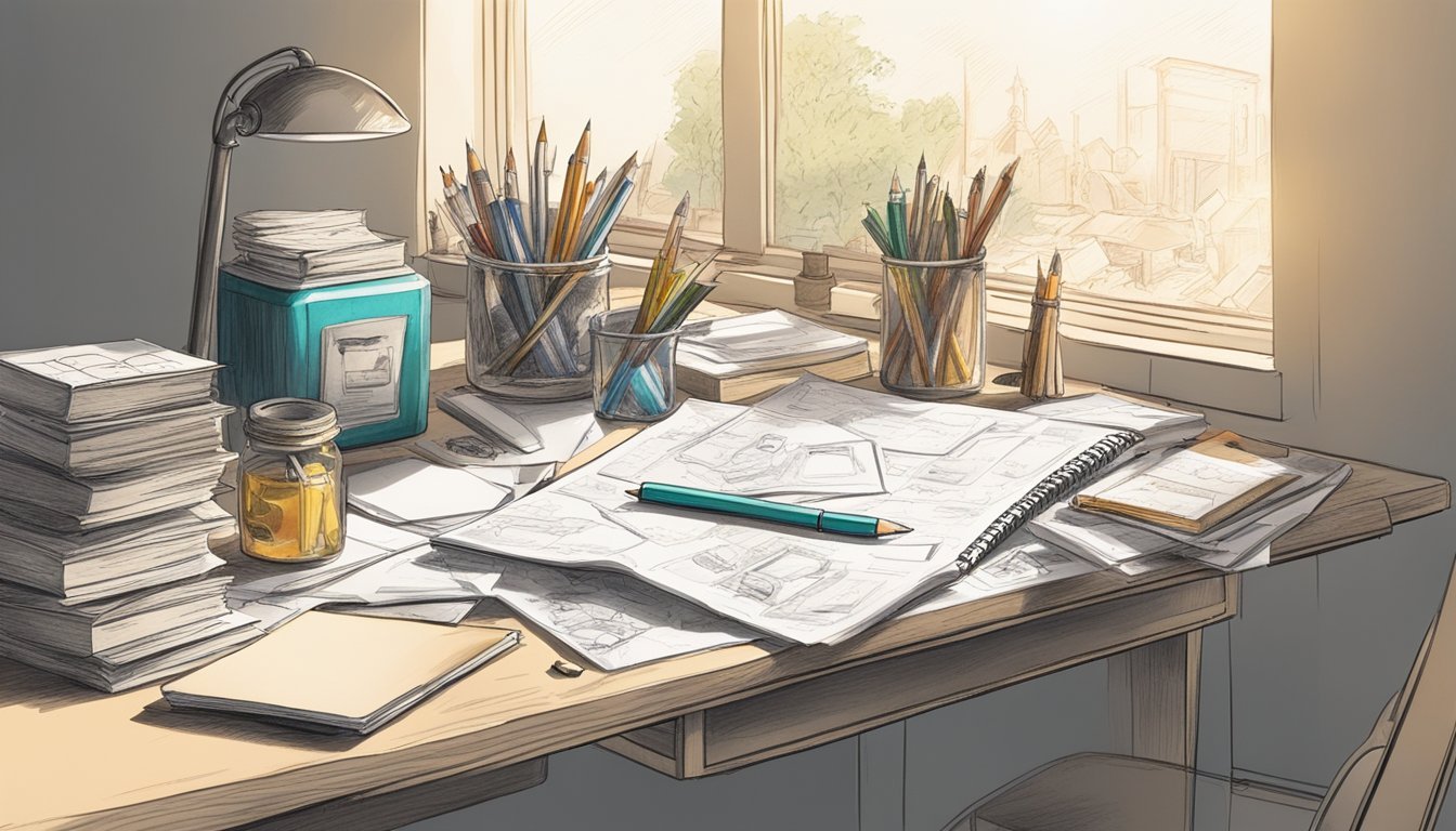 A cluttered desk with old sketches scattered around, a pencil, eraser, and sharpener nearby.</p><p>A bright light shines on the desk