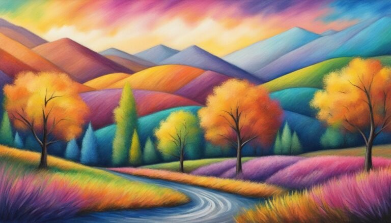 Colorful landscape painting with rolling hills, trees, and a winding river
