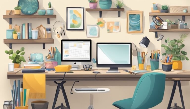 Cozy home office with two monitors, plants, and art on shelves