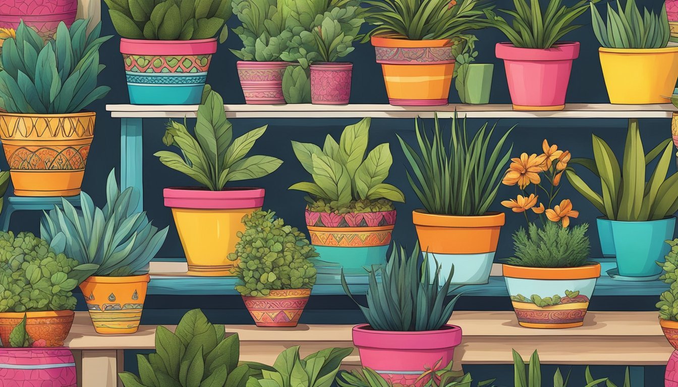 A table covered in various hand-painted plant pots, each uniquely decorated with vibrant colors and intricate designs, adding a personalized touch to a cozy workspace