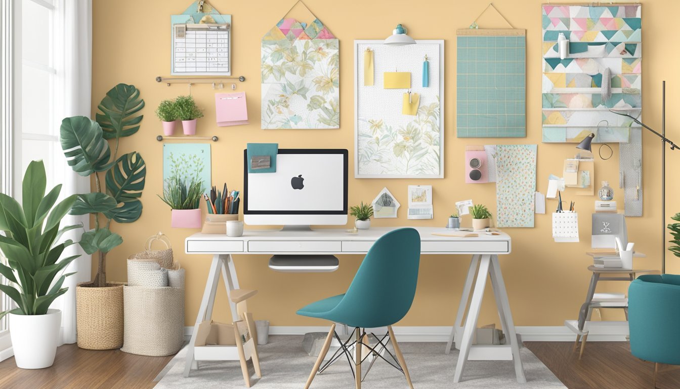 A fabric-covered bulletin board adorned with personalized DIY projects, surrounded by a well-organized and stylish workspace
