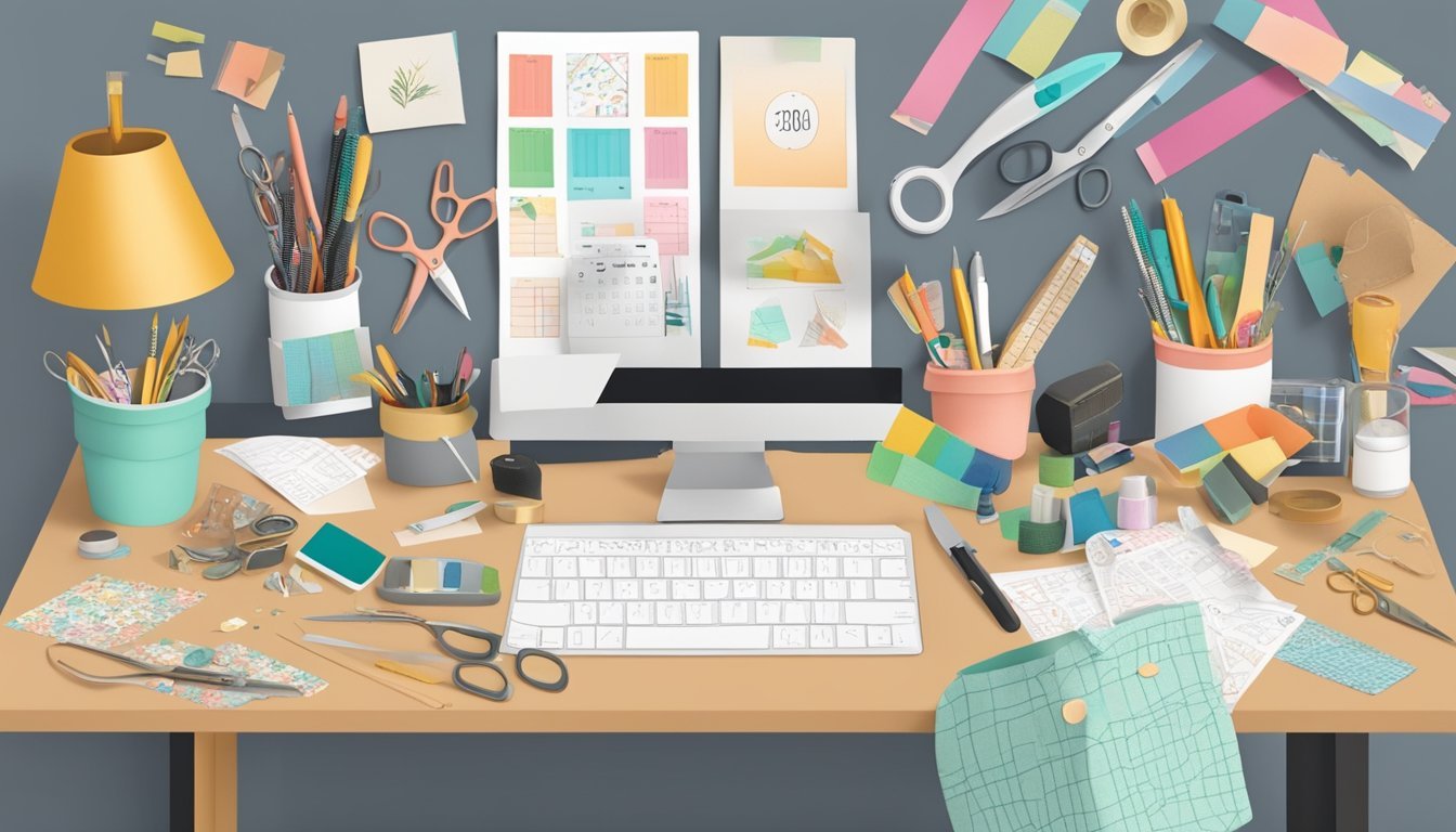 A cluttered desk with various DIY projects including a personalized desk calendar, scissors, glue, washi tape, and decorative paper