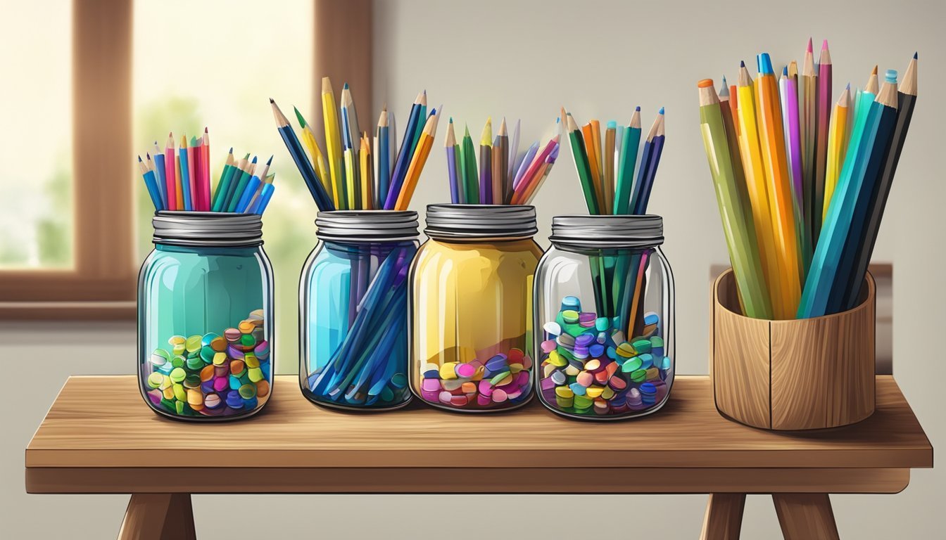 A desk with colorful mason jars filled with pens, pencils, and other office supplies.</p><p>The jars are painted with unique designs and arranged neatly on a wooden shelf