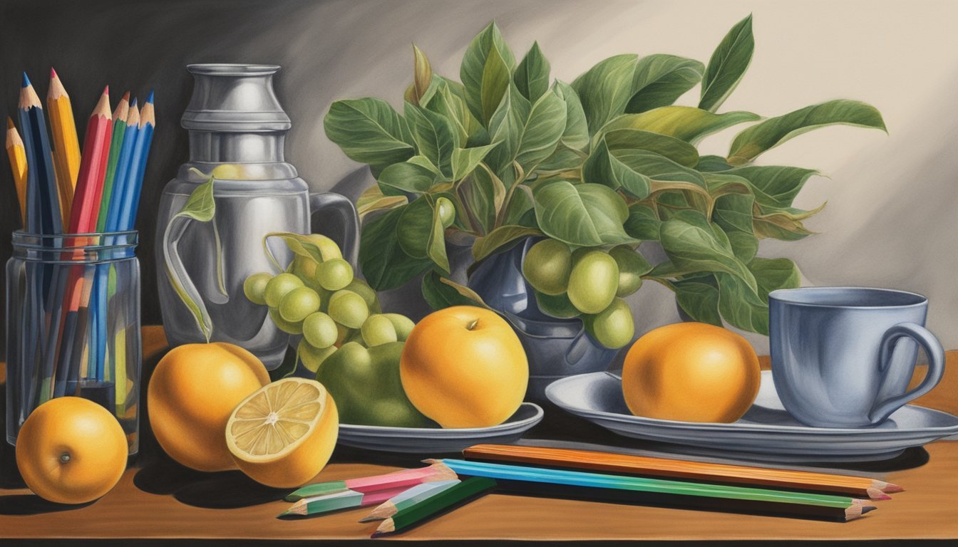 A still life arrangement of various objects with strong directional lighting, showcasing a range of shading techniques using colored pencils