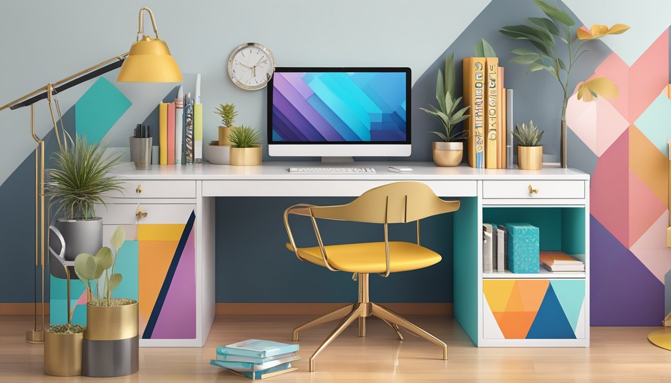 A desk with custom bookends, featuring unique designs such as painted geometric shapes, metallic accents, and colorful patterns to personalize the workspace