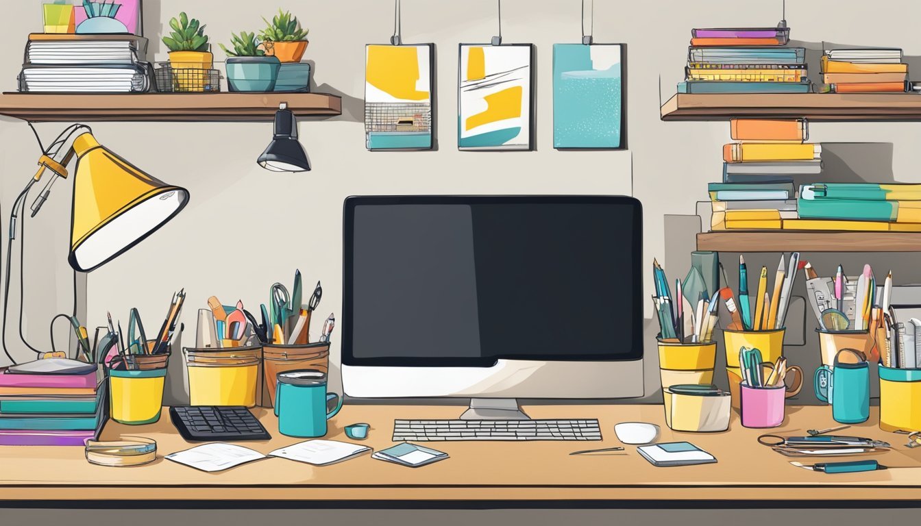 A cluttered desk with various DIY projects such as customized organizers, painted mugs, and handmade decorations.</p><p>Bright colors and personalized touches give the workspace a unique and creative feel