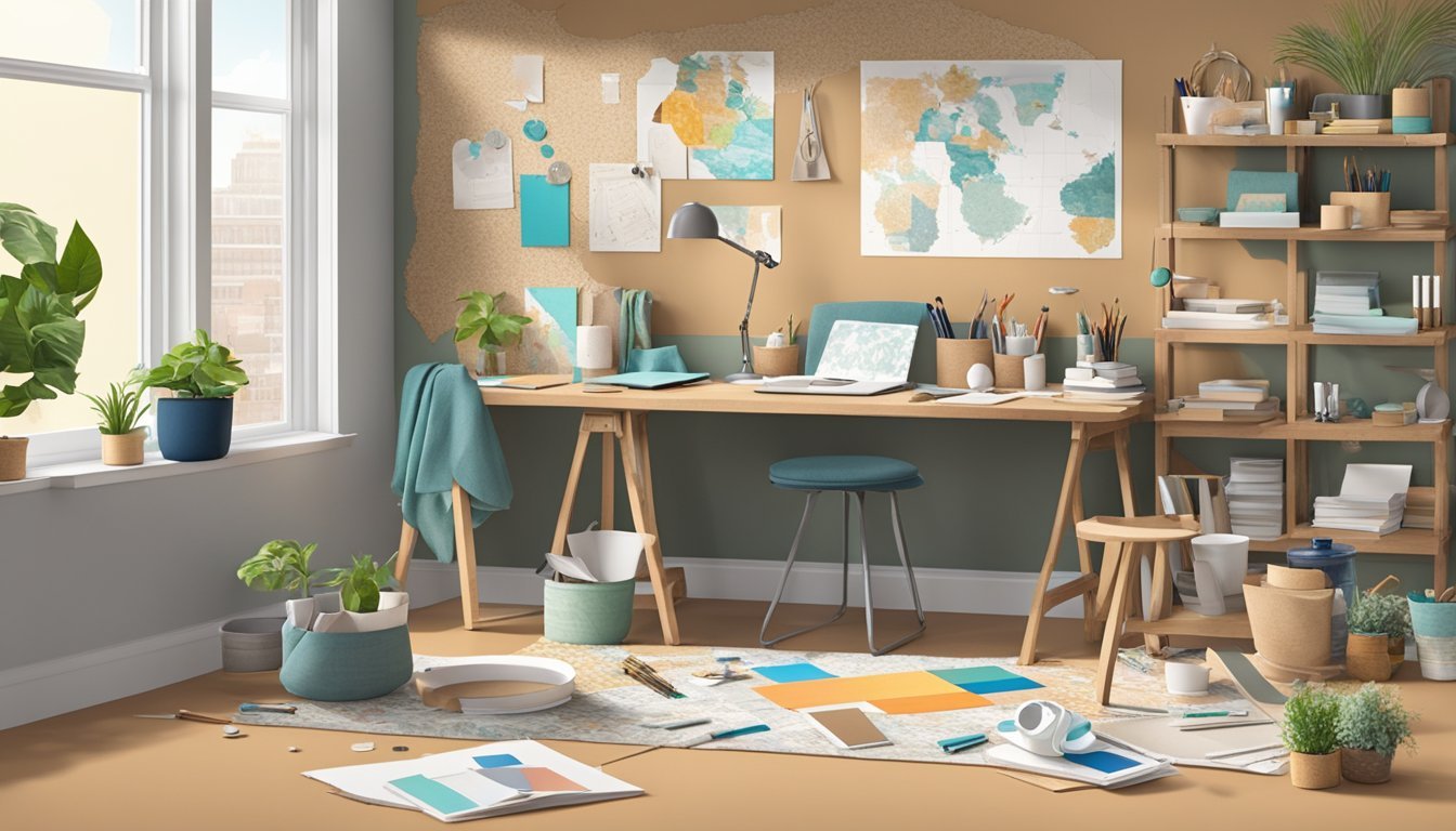 A desk with various DIY materials scattered around, including paint, brushes, fabric swatches, and decorative paper.</p><p>A corkboard and shelves display finished projects