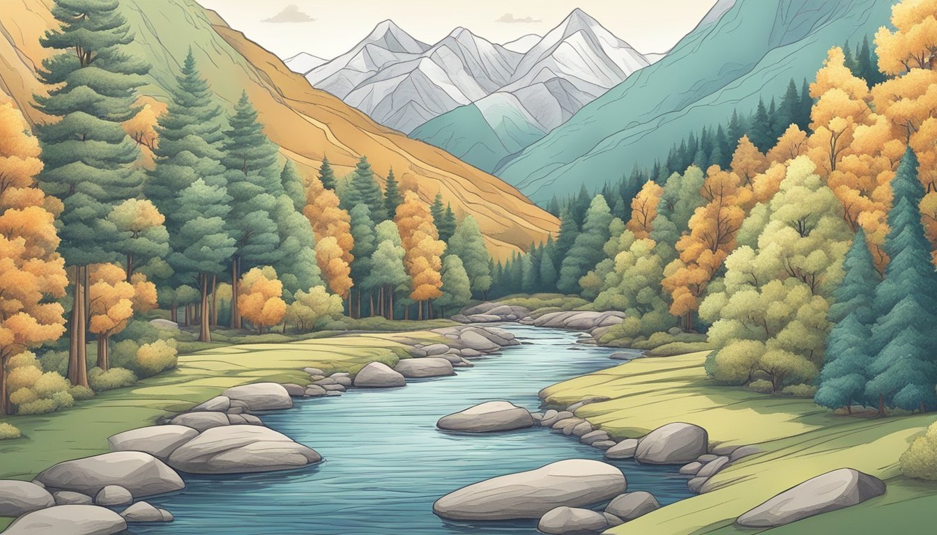 A hand holding a set of colored pencils, layering and shading a detailed illustration of a landscape with trees, mountains, and a flowing river