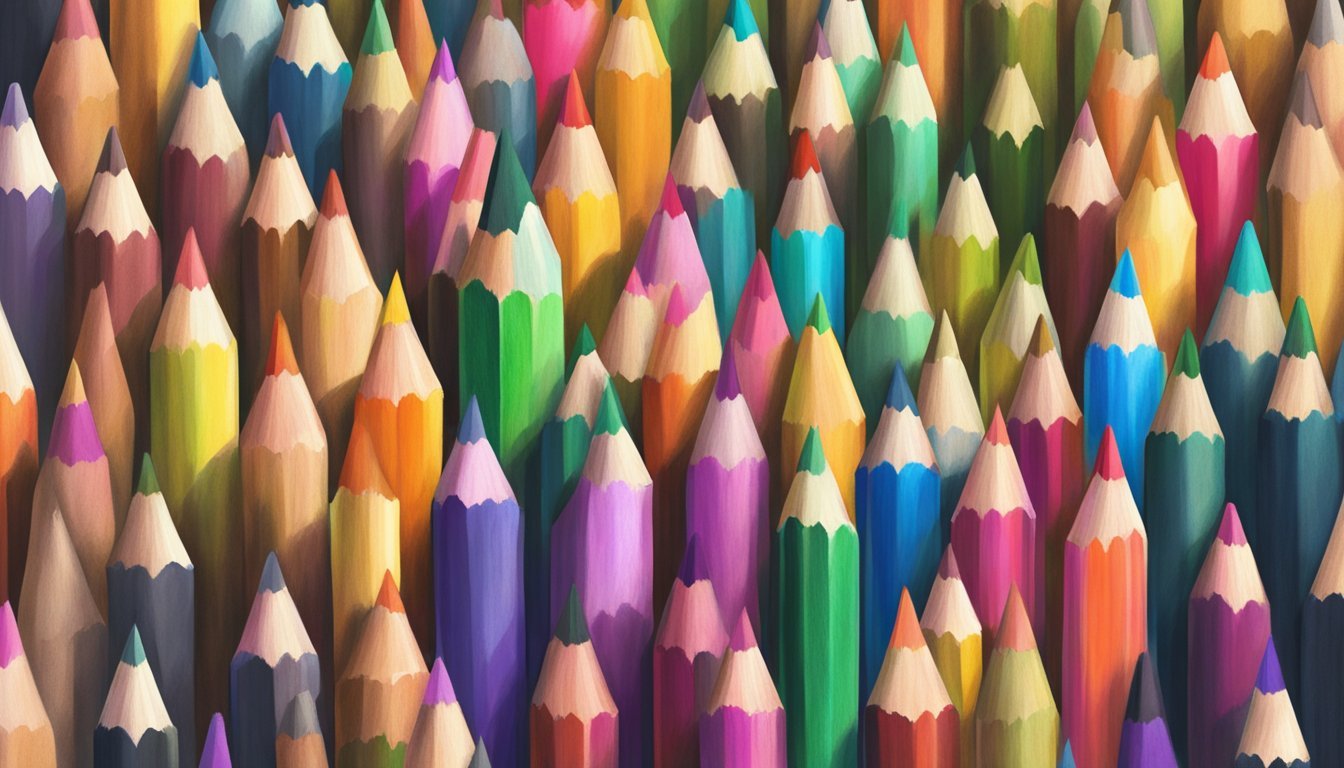 A collection of colored pencils arranged on a textured paper background, with various shading techniques demonstrated in a step-by-step process