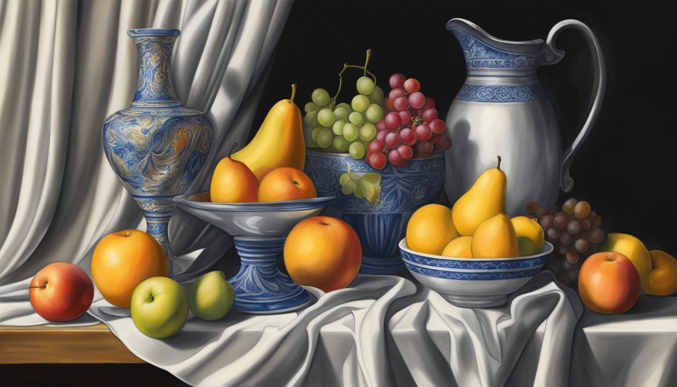 A still life arrangement of various objects, such as fruits, a vase, and a draped fabric, with strong light and shadow to demonstrate shading techniques with colored pencils