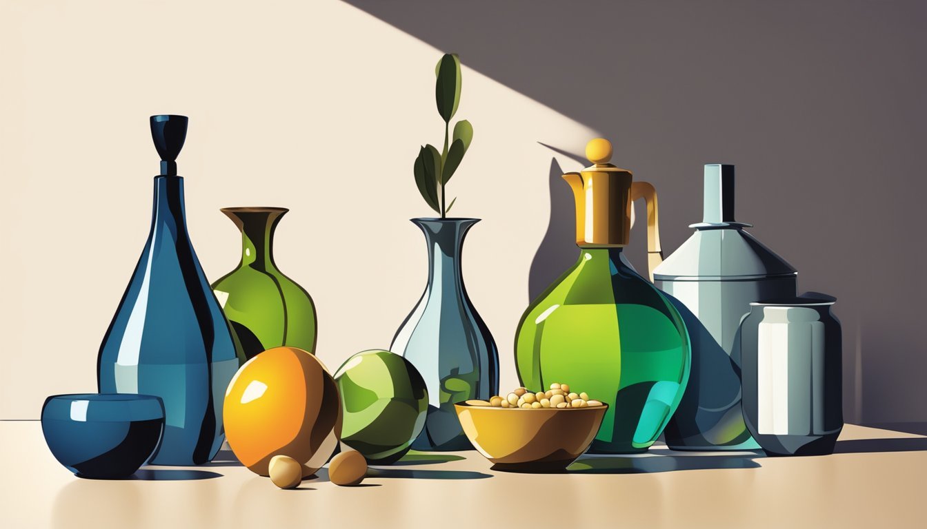 A still life setup with a variety of objects casting dramatic shadows, illuminated by a single light source