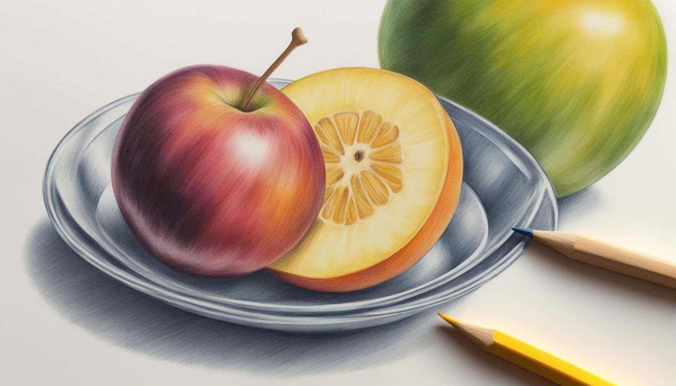 A hand holding a colored pencil, using burnishing techniques to shade a detailed drawing of a fruit bowl