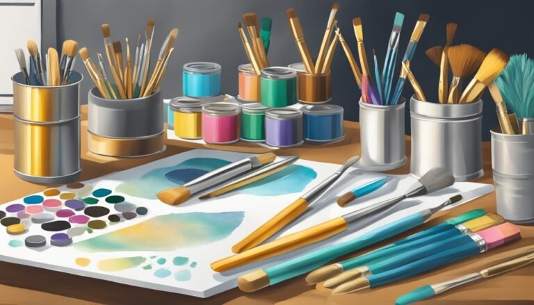 Art supplies: paintbrushes, paint jars, and a watercolor palette on a table