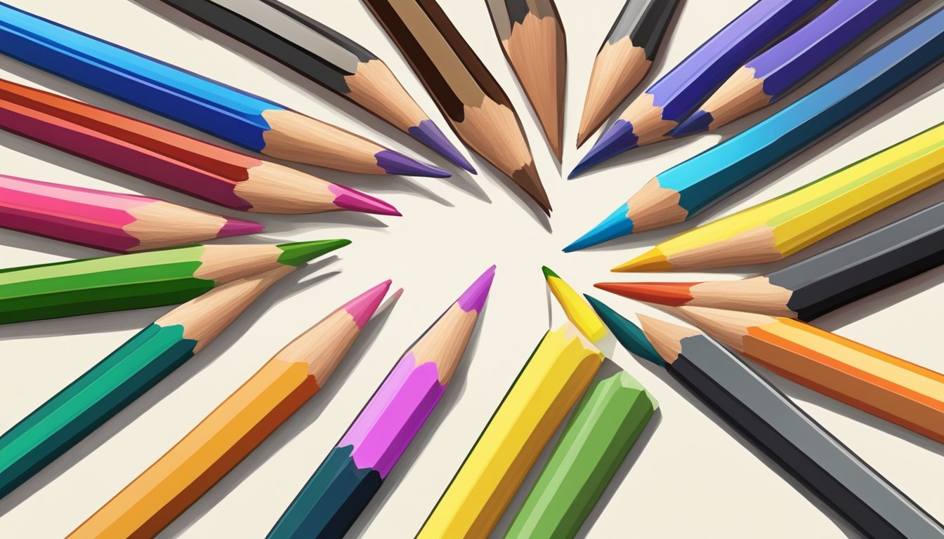 A collection of sharpened colored pencils arranged neatly on a clean, well-lit desk, with various shading techniques demonstrated on a piece of paper