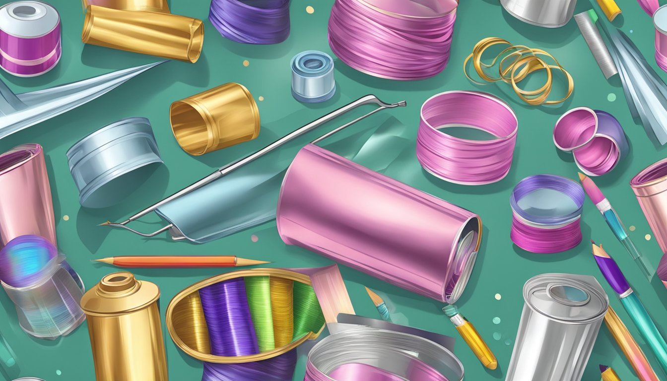A hand holding metallic foil sheets, with craft supplies in the background