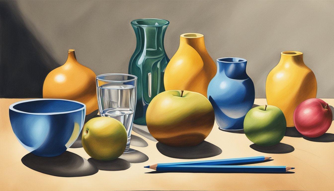 A still life setup with various objects casting shadows, demonstrating different shading techniques with colored pencils