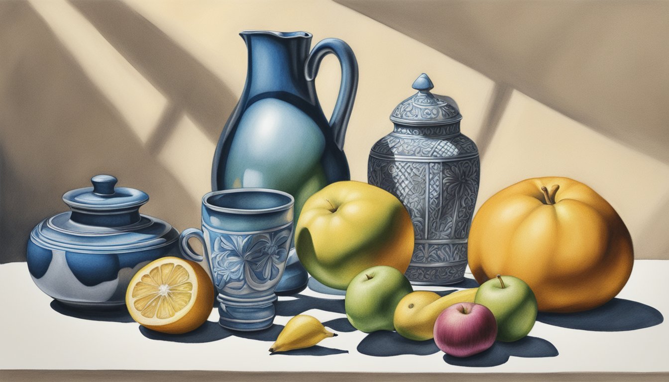 A still life arrangement of various objects, casting strong shadows, with a focus on intricate shading and blending techniques using colored pencils