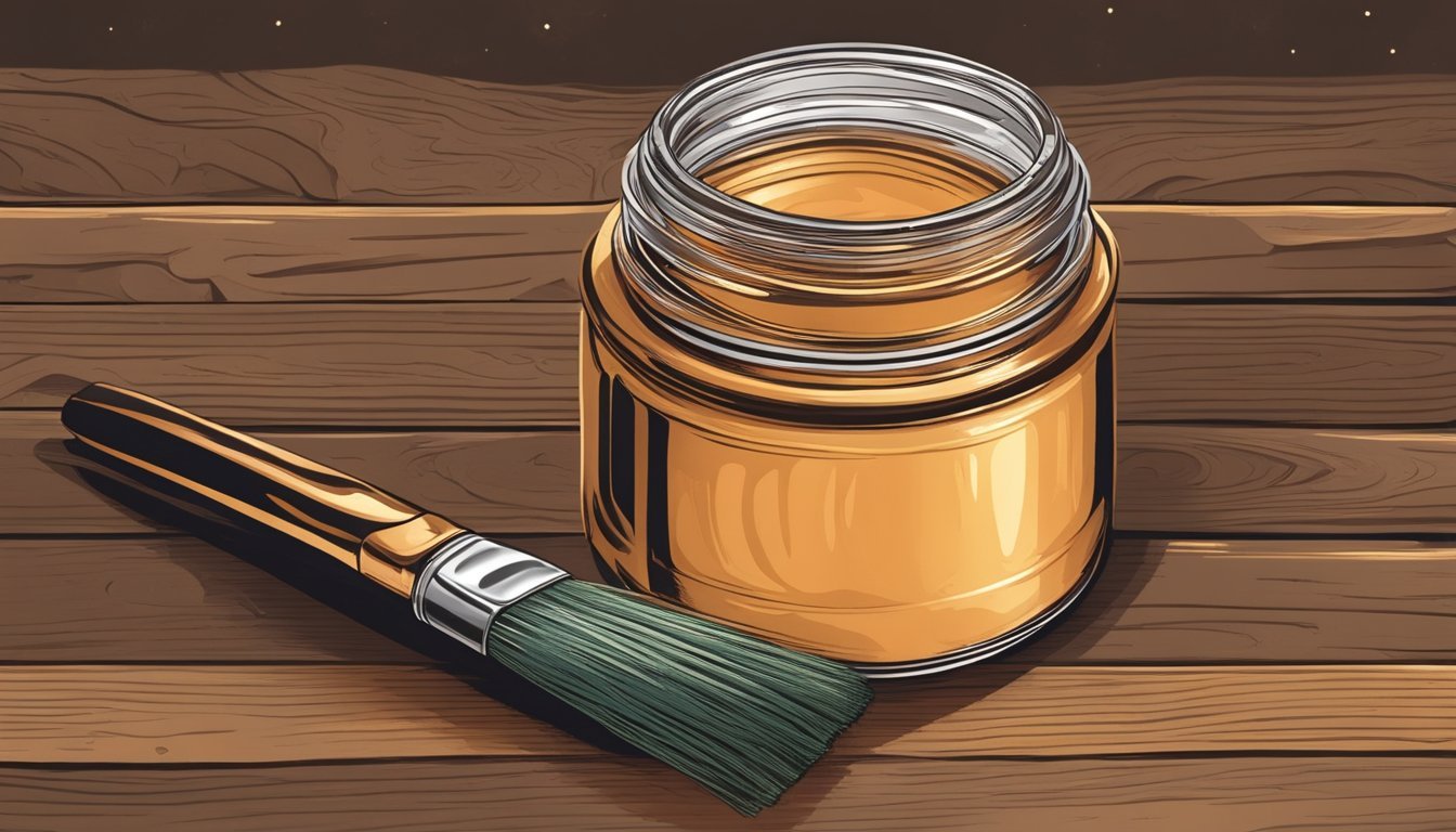 A hand holding a small jar of copper gilding wax, applying it to a wooden surface with a brush, creating metallic details on a craft project