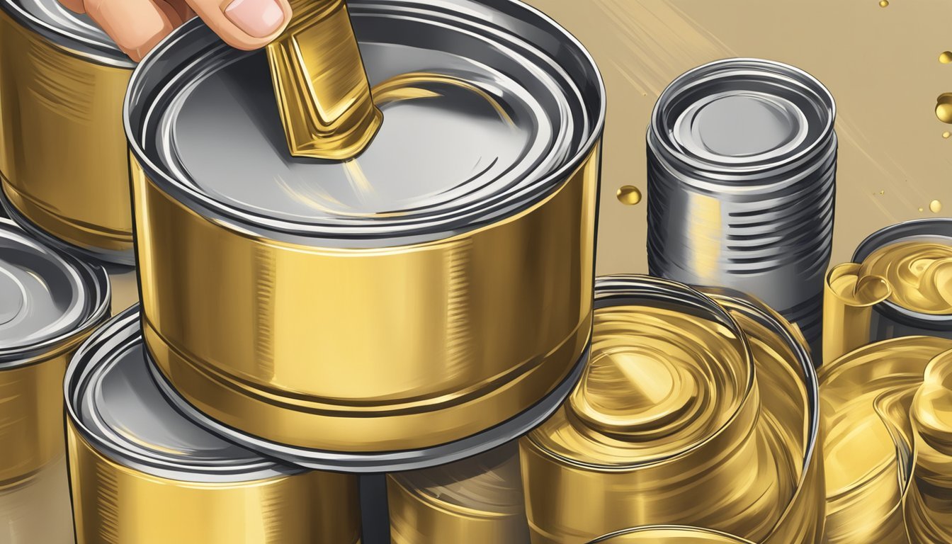 A hand holding a can of gold spray paint, adding metallic details to a craft project