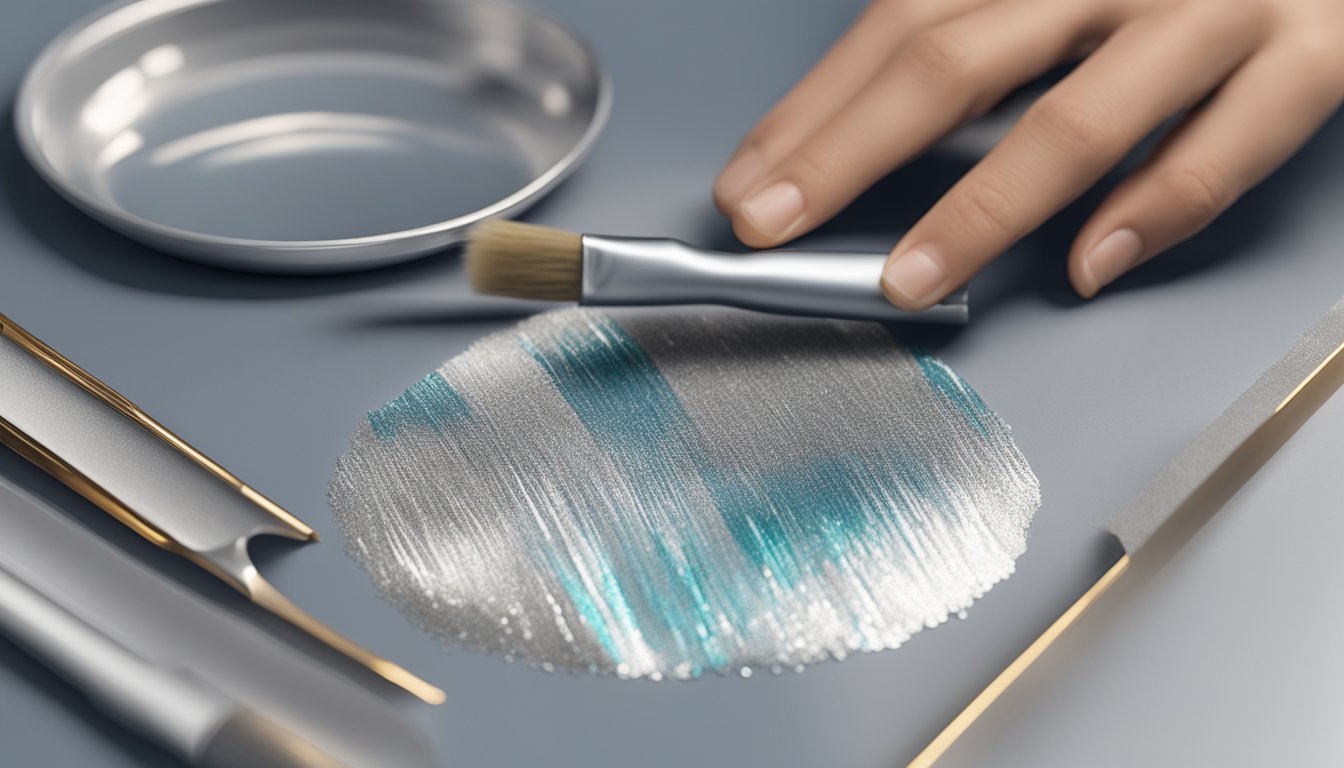 A hand holding a paintbrush applies silver fabric paint to a craft project, adding metallic details to the design