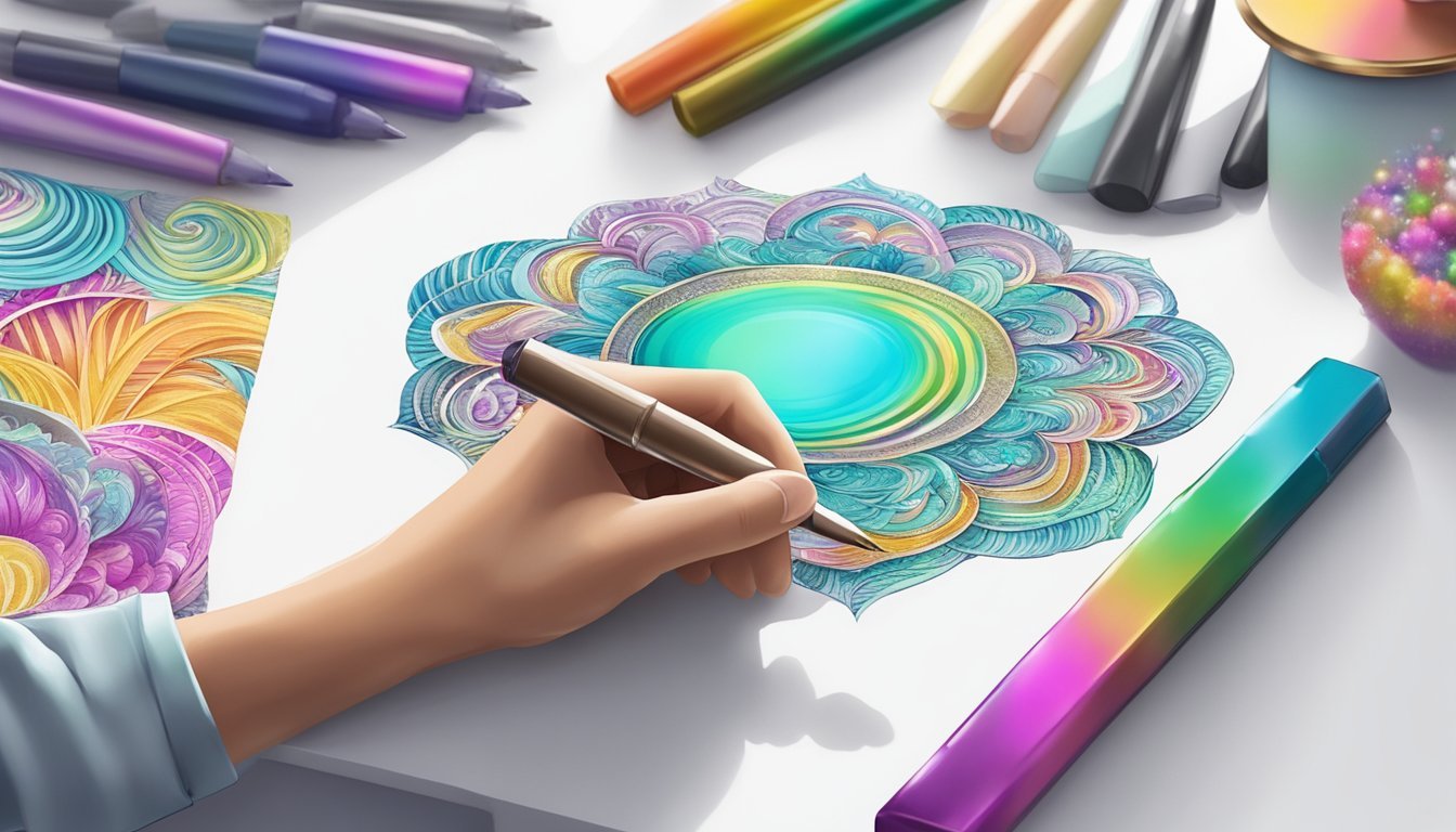 A hand holding metallic ink pens, adding shimmering details to a colorful craft project on a clean white table
