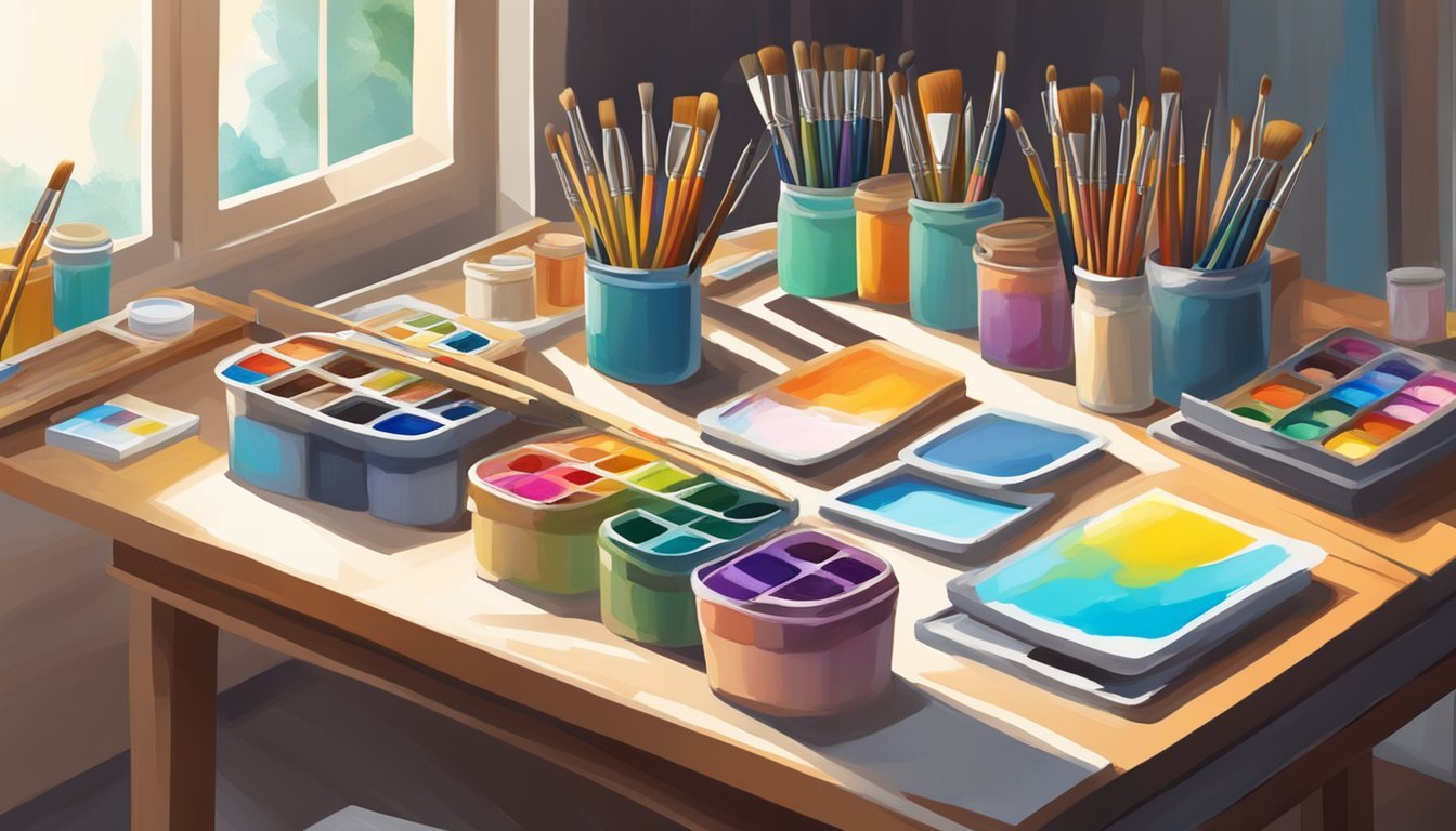 A table with various painting supplies neatly organized, including brushes, palettes, canvases, and paint tubes.</p><p>A bright window illuminates the scene