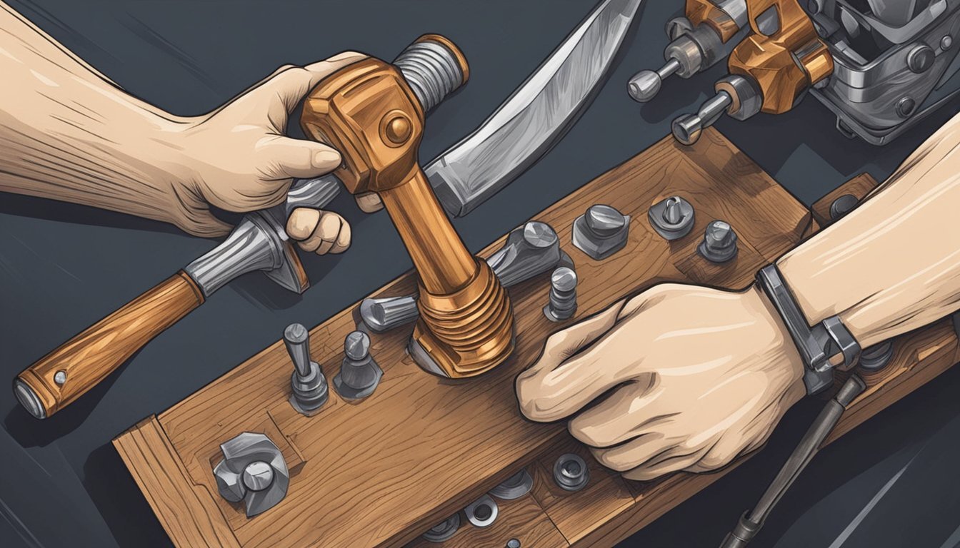 A hand holding a hammer, tapping copper brads into a wooden craft project, with metallic details shining