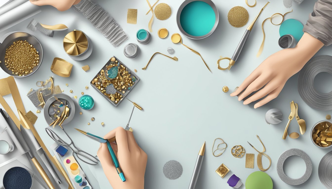 A table scattered with various metallic elements and craft supplies, with hands adding metallic details to a project