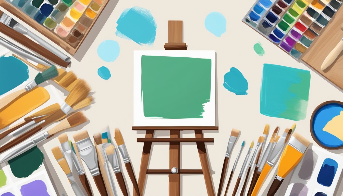 A hand holding a set of high-quality paintbrushes, surrounded by various painting supplies and a blank canvas on a wooden easel