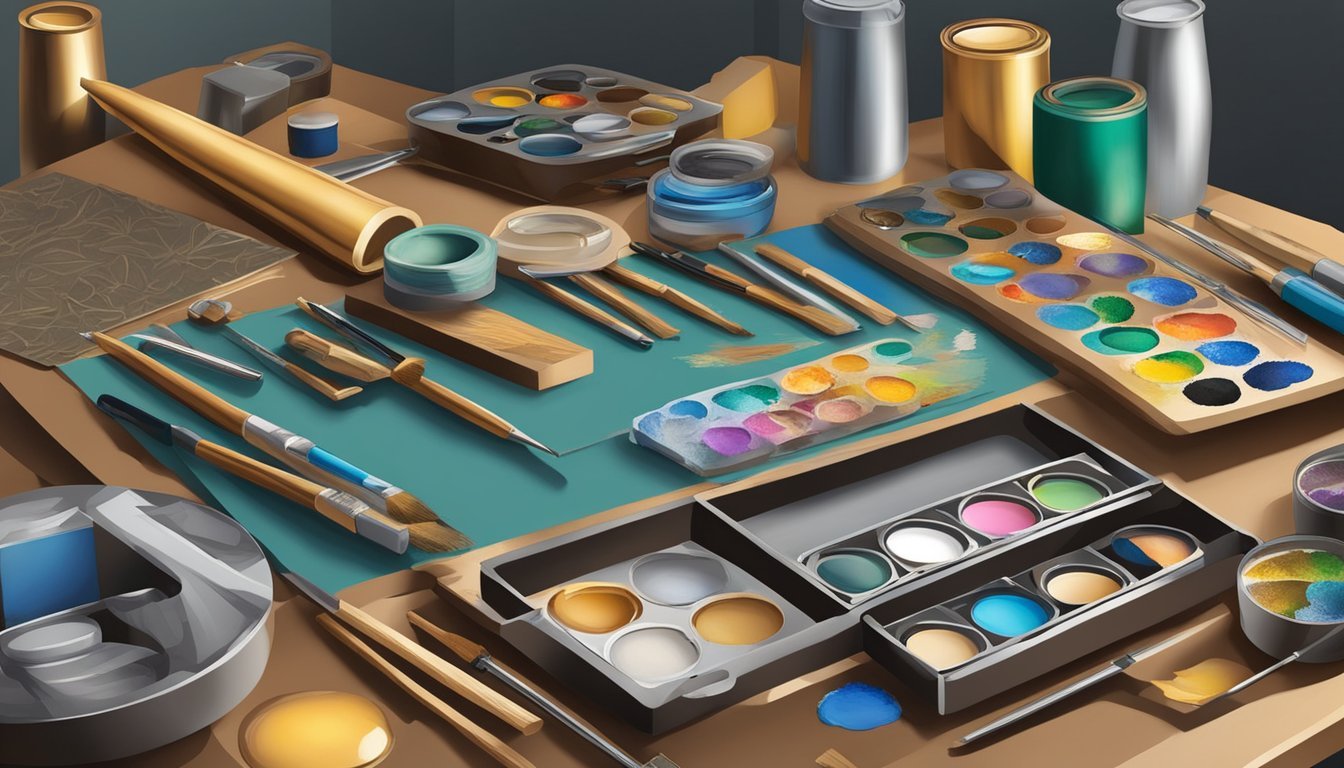 A crafts table with various tools and materials, including metallic paints, brushes, and stencils.</p><p>A finished craft piece with intricate metallic details sits nearby for reference