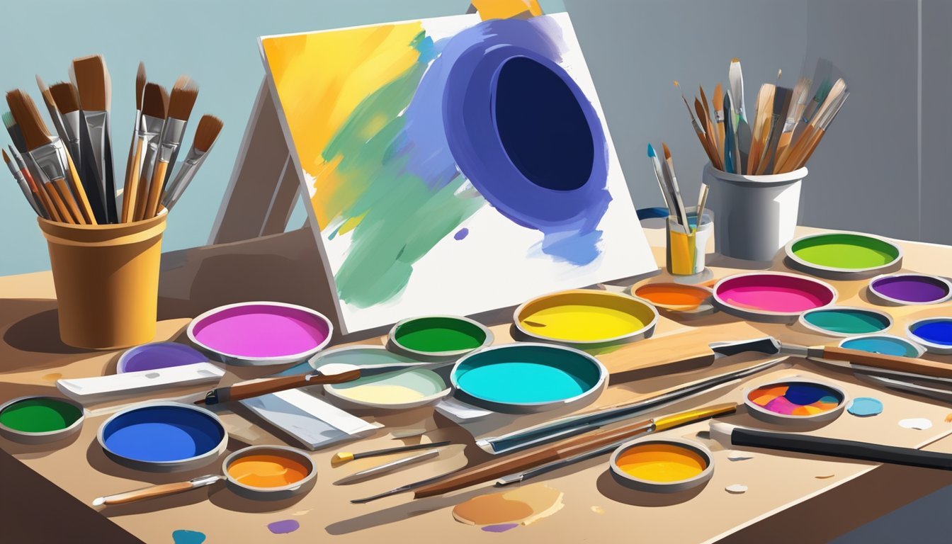 A table with an open painting kit filled with palette knives of various sizes and shapes, surrounded by tubes of colorful paint and a blank canvas ready to be transformed