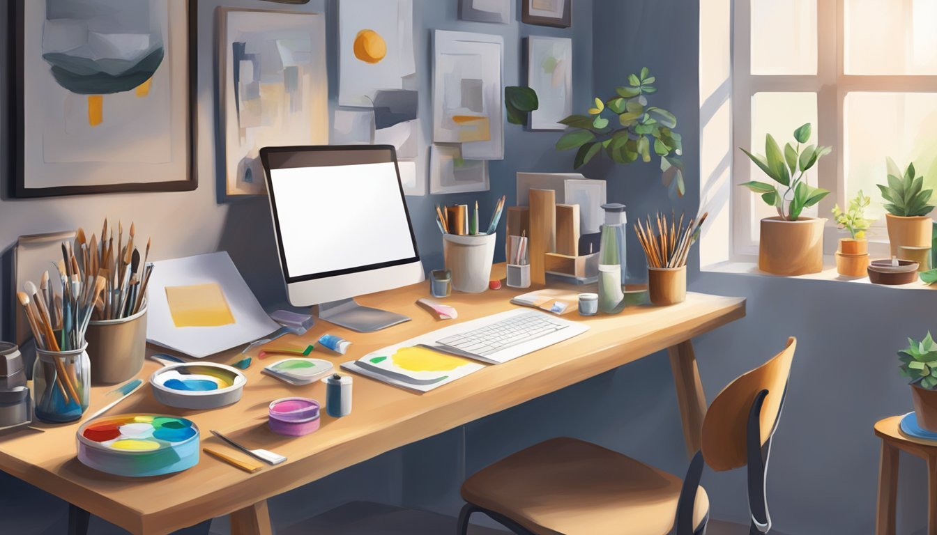 A well-lit, clutter-free workspace with neatly arranged paintbrushes, tubes of paint, palettes, and clean surfaces