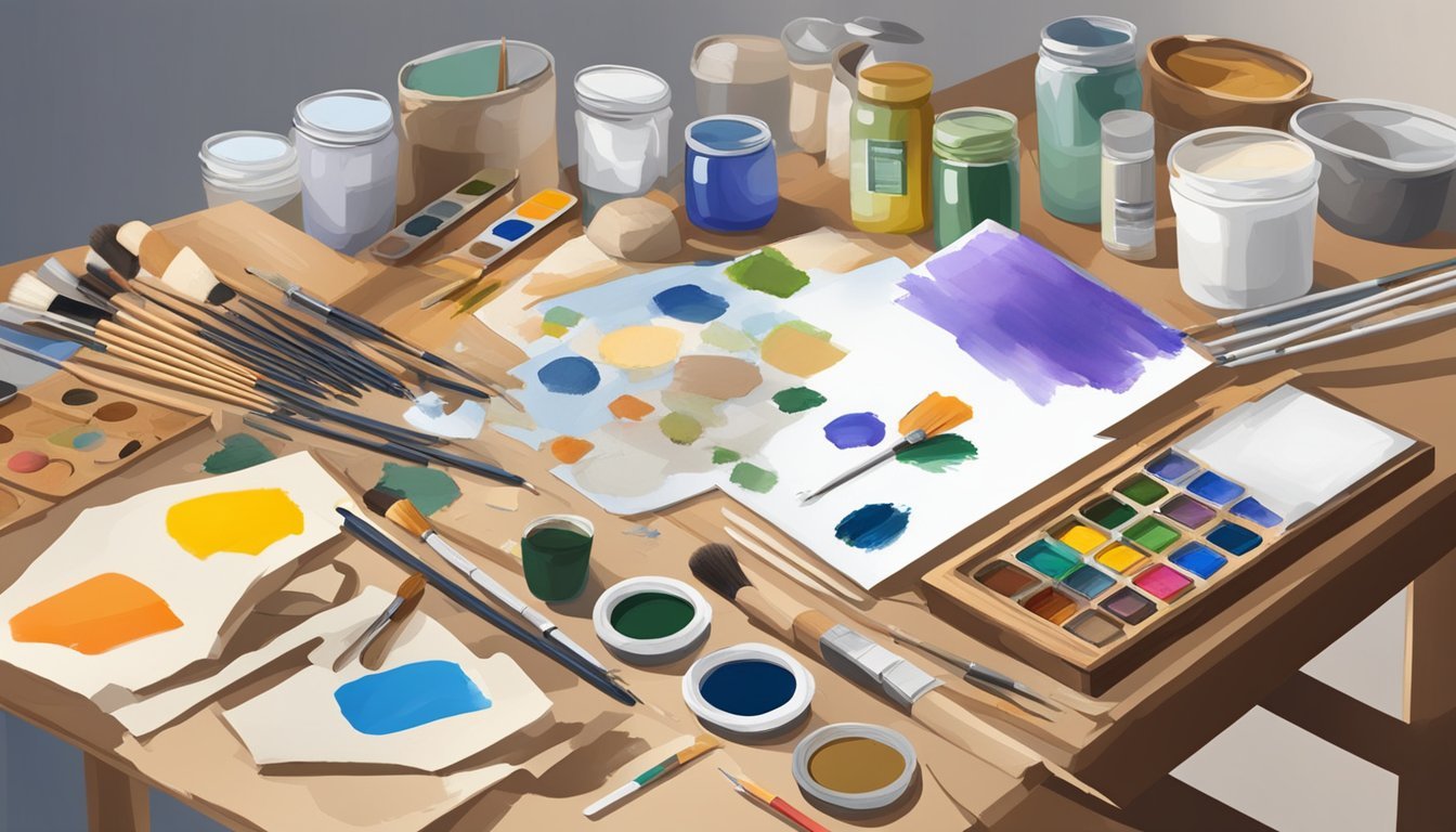 A table scattered with various painting kits, brushes, and palettes.</p><p>Different surfaces like canvas, paper, and wood are displayed, ready for experimentation