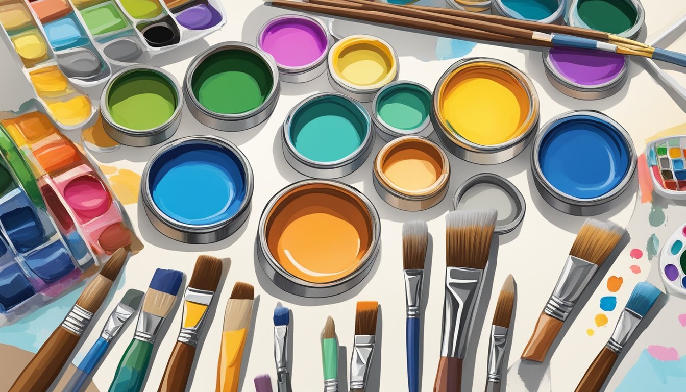 A colorful array of painting supplies arranged neatly on a clean, well-lit table, including brushes, tubes of paint, a palette, and a canvas ready to be transformed into a work of art