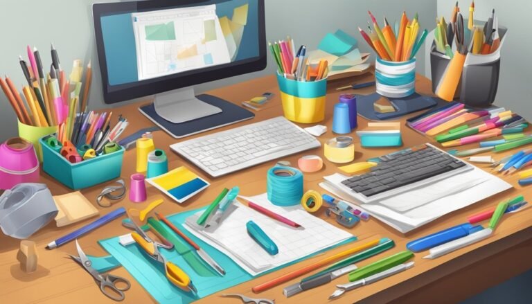 Desk with computer, keyboard, and various art supplies, colorful and creative