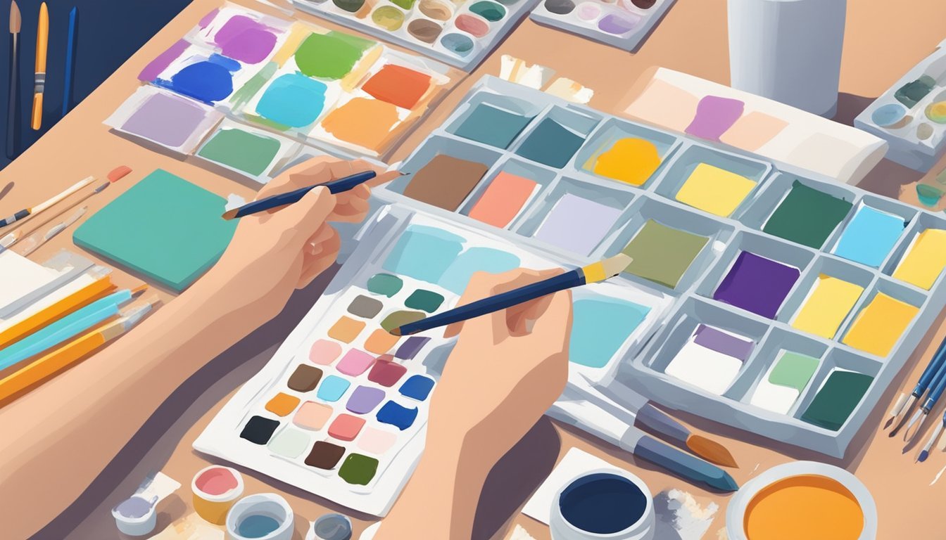 A hand holding different types of canvases, surrounded by various art supplies and paint swatches on a table