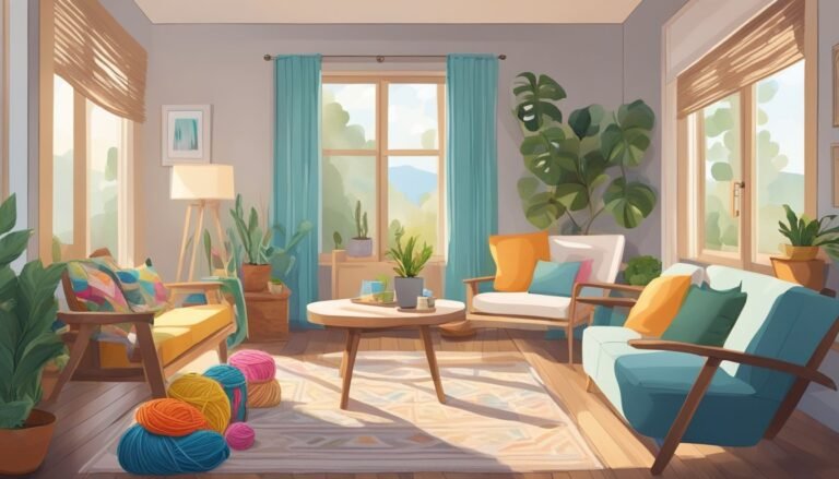 Cozy living room with plants, colorful pillows, and yarn balls