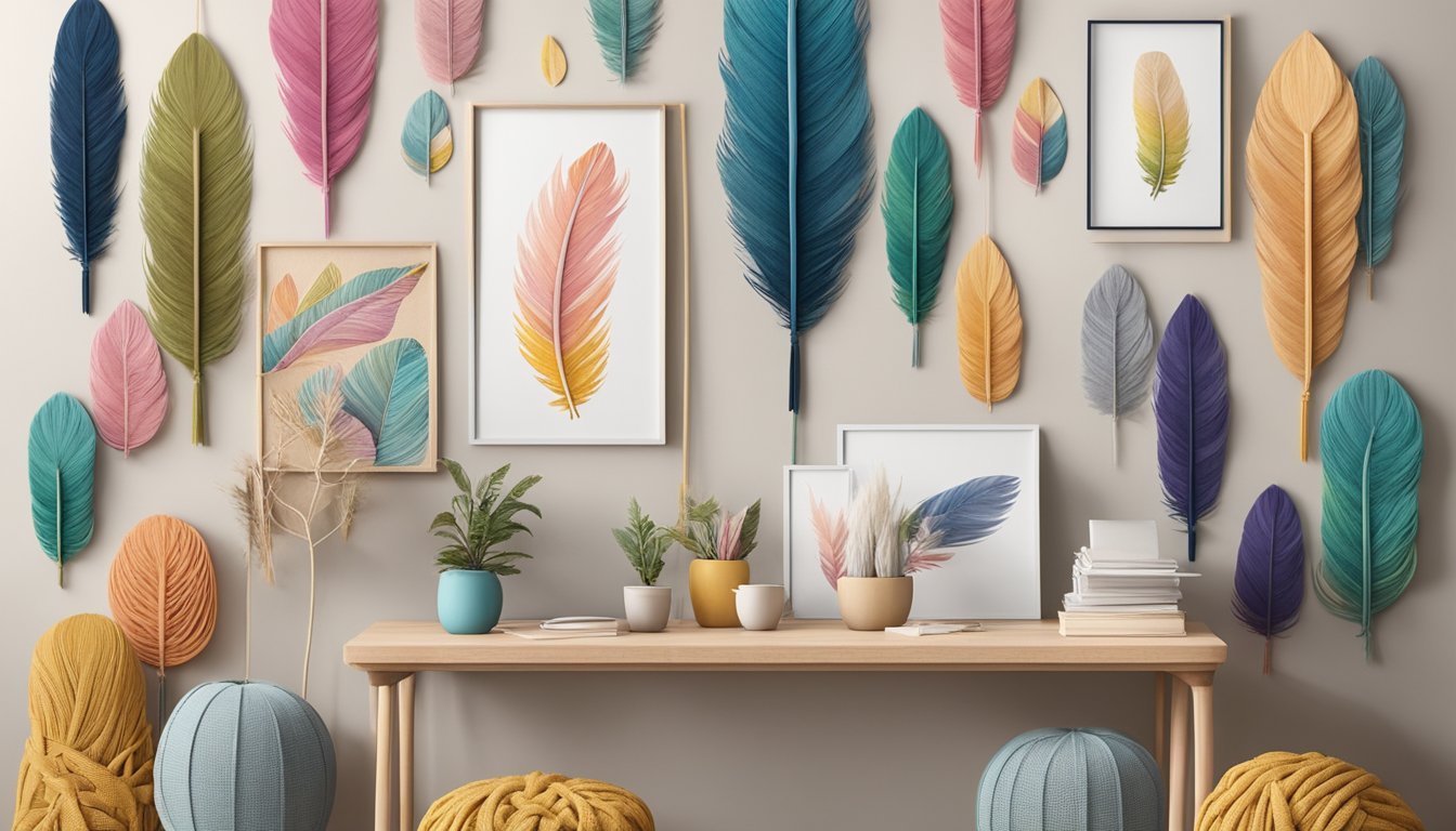A colorful macramé feather wall art hangs against a neutral backdrop, surrounded by various macramé projects in progress