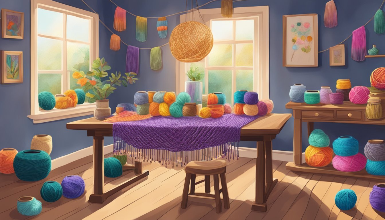 A cozy, well-lit room with a table covered in colorful yarn, beads, and macramé jars in various stages of completion
