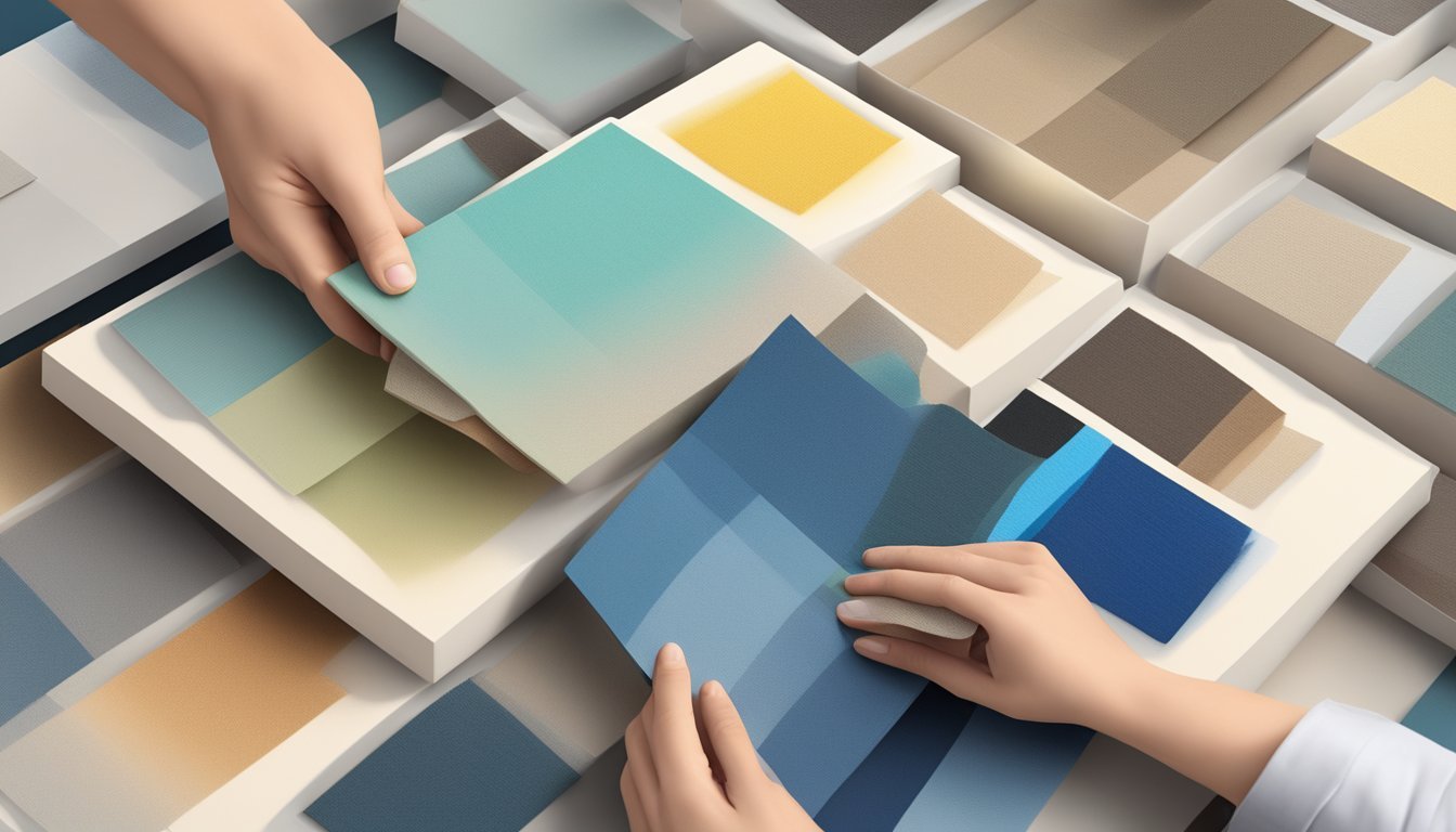 A hand holding various canvas samples, examining texture and thickness under a bright light