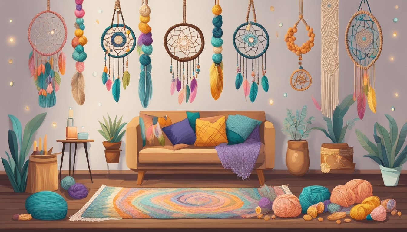 A cozy, bohemian-inspired room with colorful yarn, beads, and feathers scattered on a wooden table.</p><p>A mini macramé dreamcatcher hangs from the wall, surrounded by other fun macramé projects
