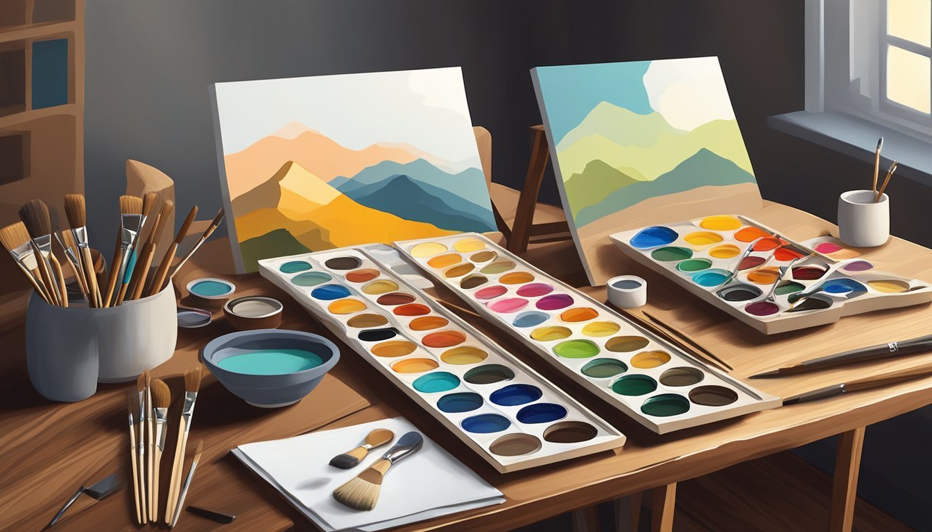 A selection of canvas types displayed with various textures and sizes, alongside paintbrushes and paint palettes on a wooden table