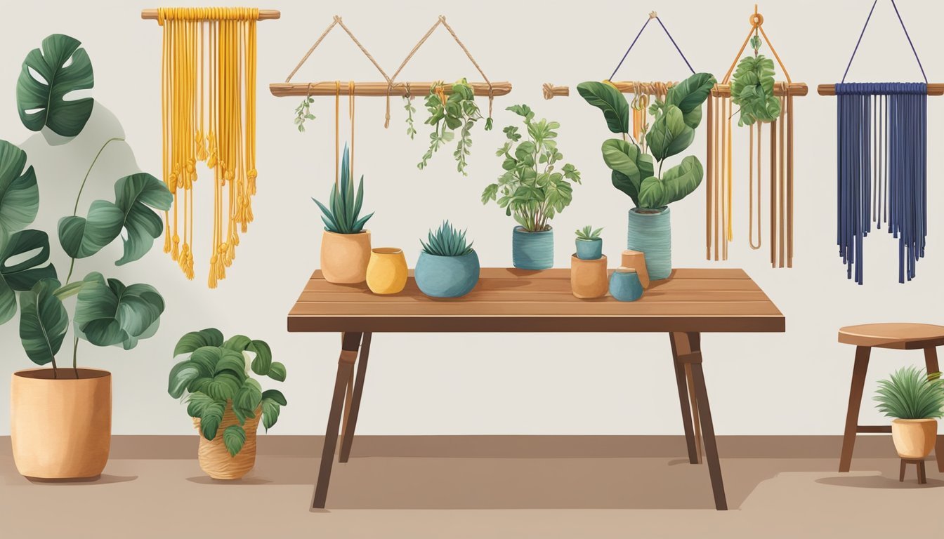A table with colorful cords, wooden dowels, and various knots laid out, alongside a finished macramé plant hanger and wall hanging