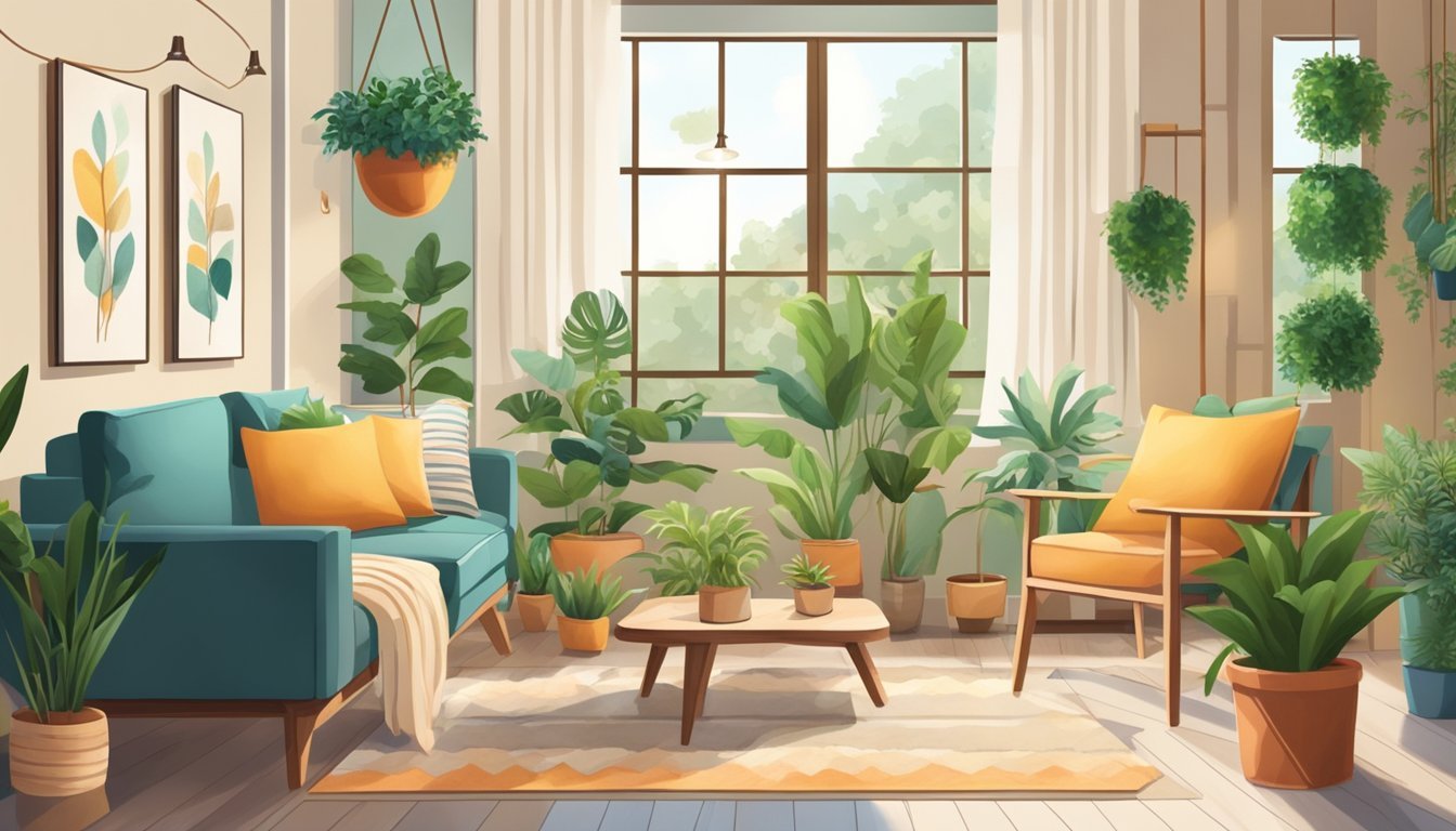 A cozy living room with colorful yarn, wooden dowels, and hanging planters, surrounded by potted plants and natural light