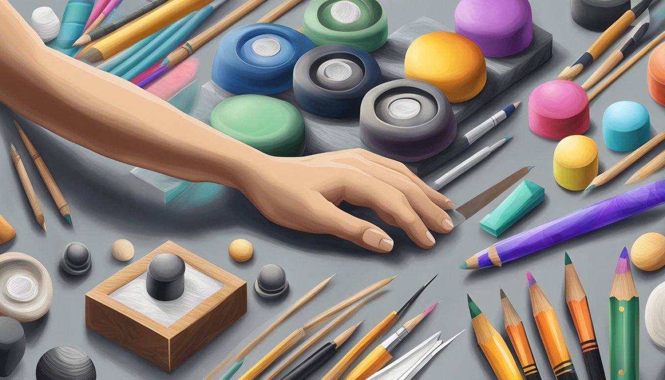 A hand holding different canvas weights, surrounded by art supplies and a variety of canvas textures and sizes