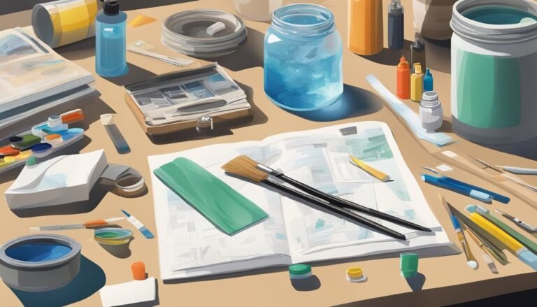 Art supplies, including brushes, jars, and paint, on a table